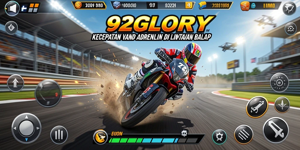 Gameplay 92GLORY menampilkan balapan dengan kecepatan tinggi di lintasan yang menantang.
