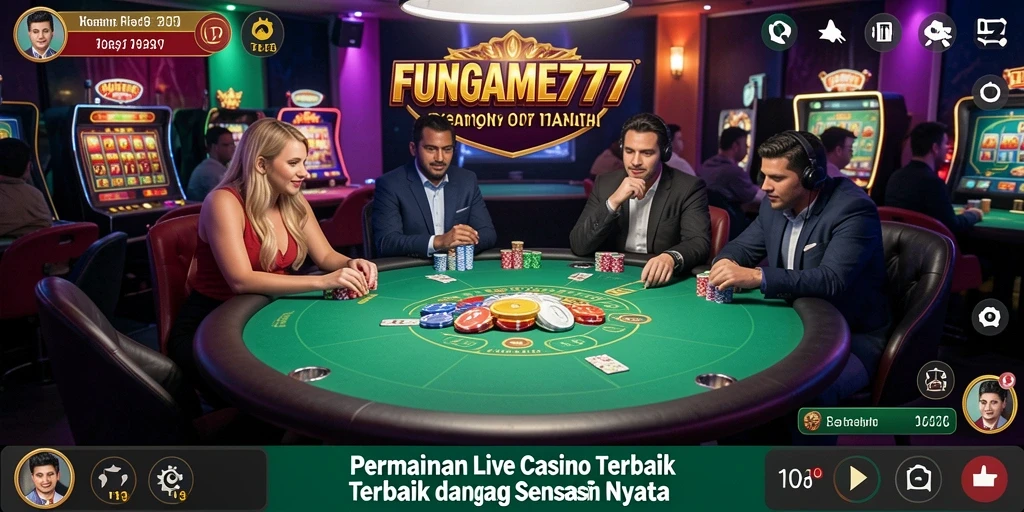 Tampilan gameplay FUNGame777 dengan dealer langsung dan interaksi pemain.