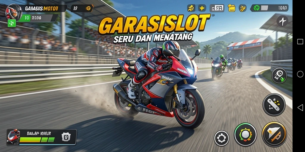 Screenshot GARASISLOT menunjukkan balapan motor yang intens di trek yang menantang.