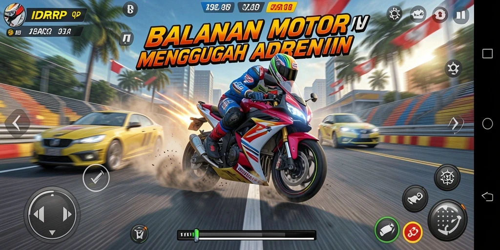 Tampilan gameplay balapan motor yang mendebarkan di IDRRP.