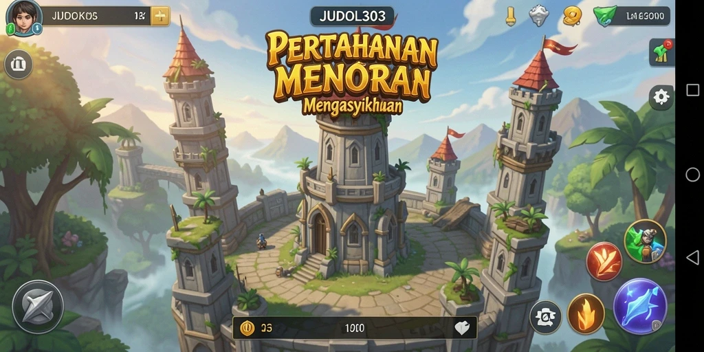 Tampilan menara dan musuh dalam permainan Tower Defense.