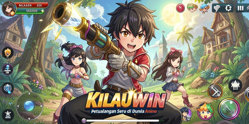 Screenshot utama KILAUWIN menampilkan karakter anime bertempur dalam petualangan seru.