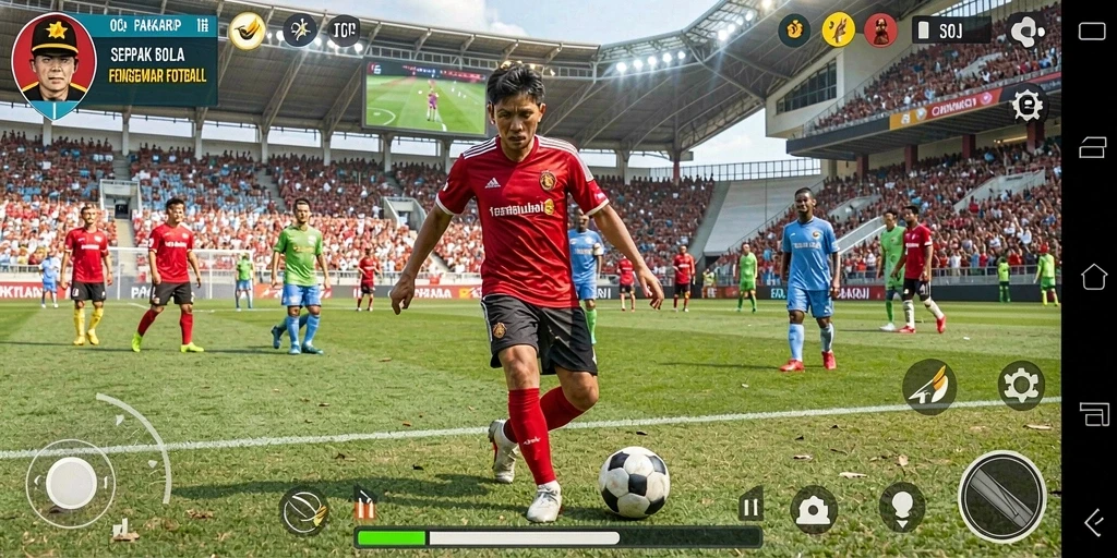 Tampilan seru dari gameplay dalam PAKARJP yang penuh aksi sepak bola.