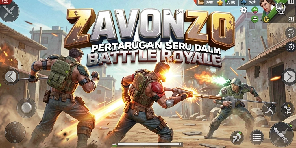 Tangkapan layar ZAVONZO menampilkan aksi seru dalam pertempuran Battle Royale.